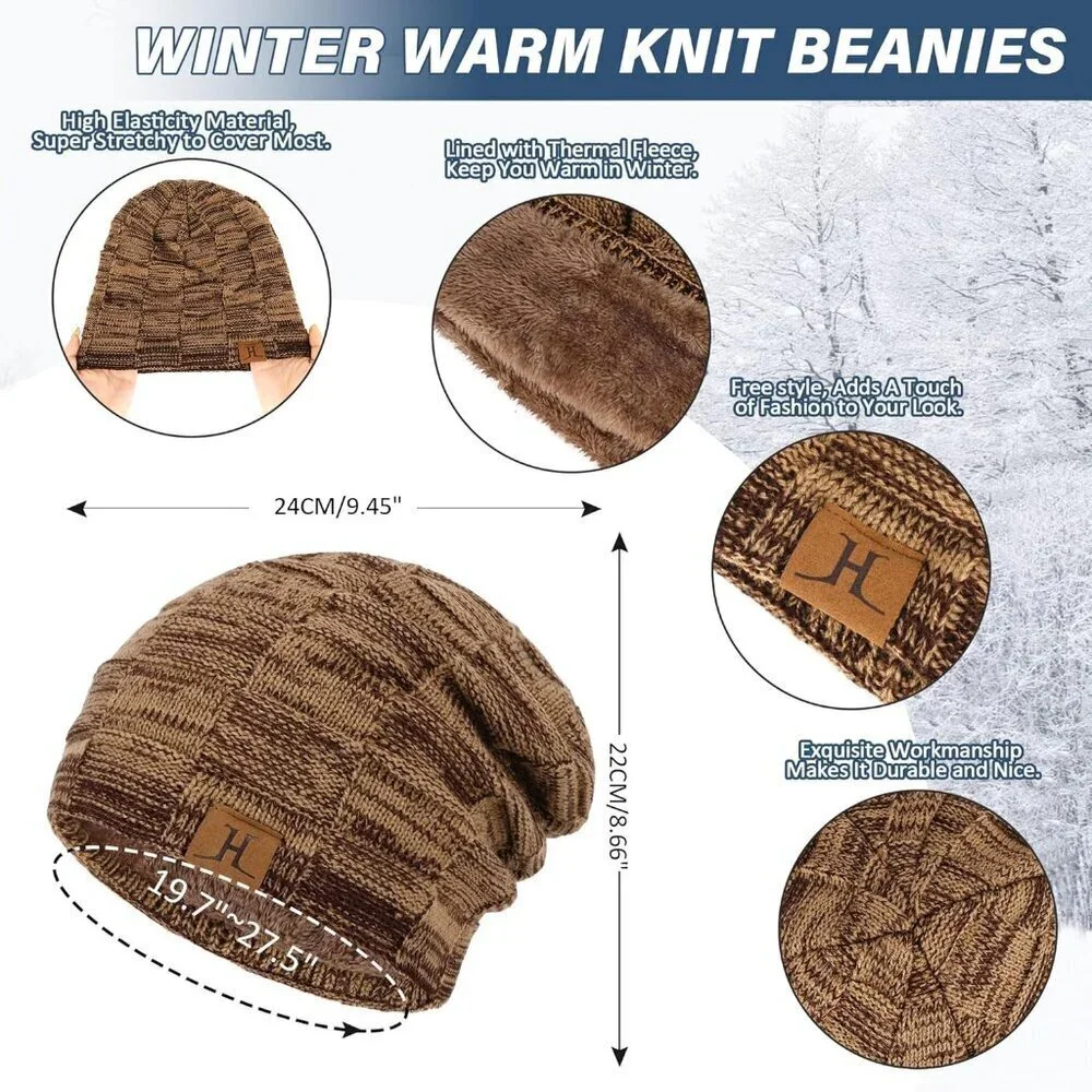 Men's Khaki Winter Warm Knit Skull Cap Neck Warmer Fleece Lined Hats Scarf Set